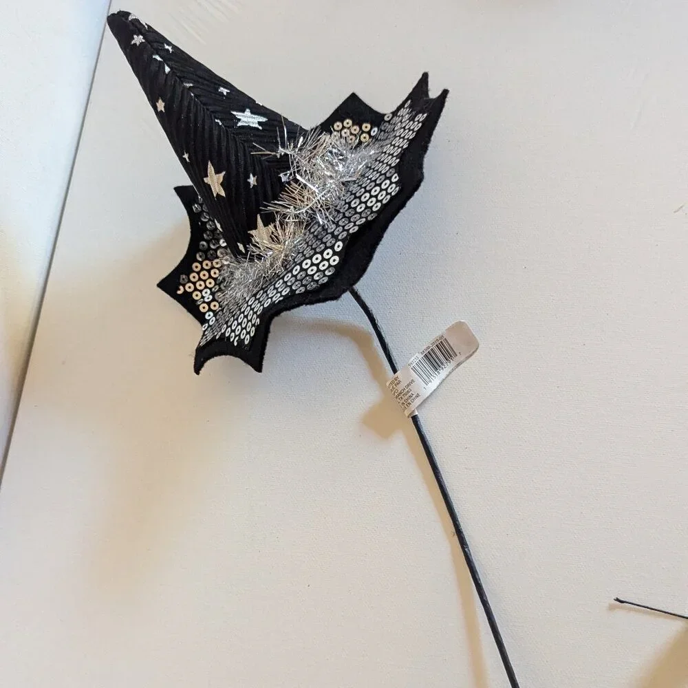 NWT Silver Stars Mini Witch Hat Floral Pick Sequins Ashland Halloween Decoration